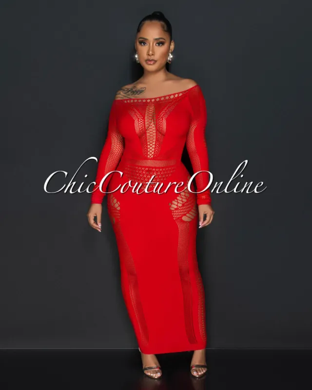 Rosnie Red Mesh Perforated Body-Con Maxi Dress sold by Chic Couture