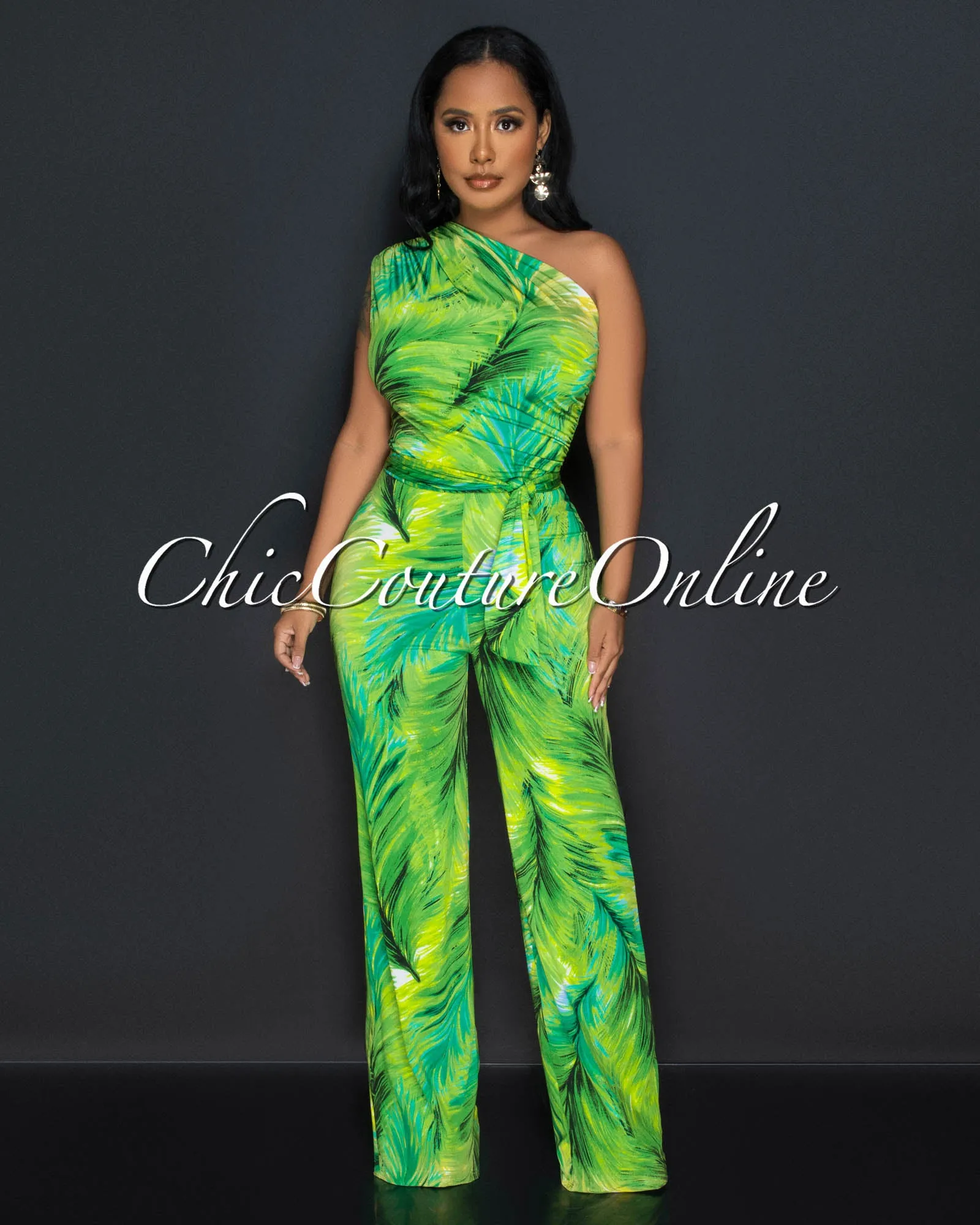 Monique Green Palm Print Single Shoulder Jumpsuit sold by Chic Couture