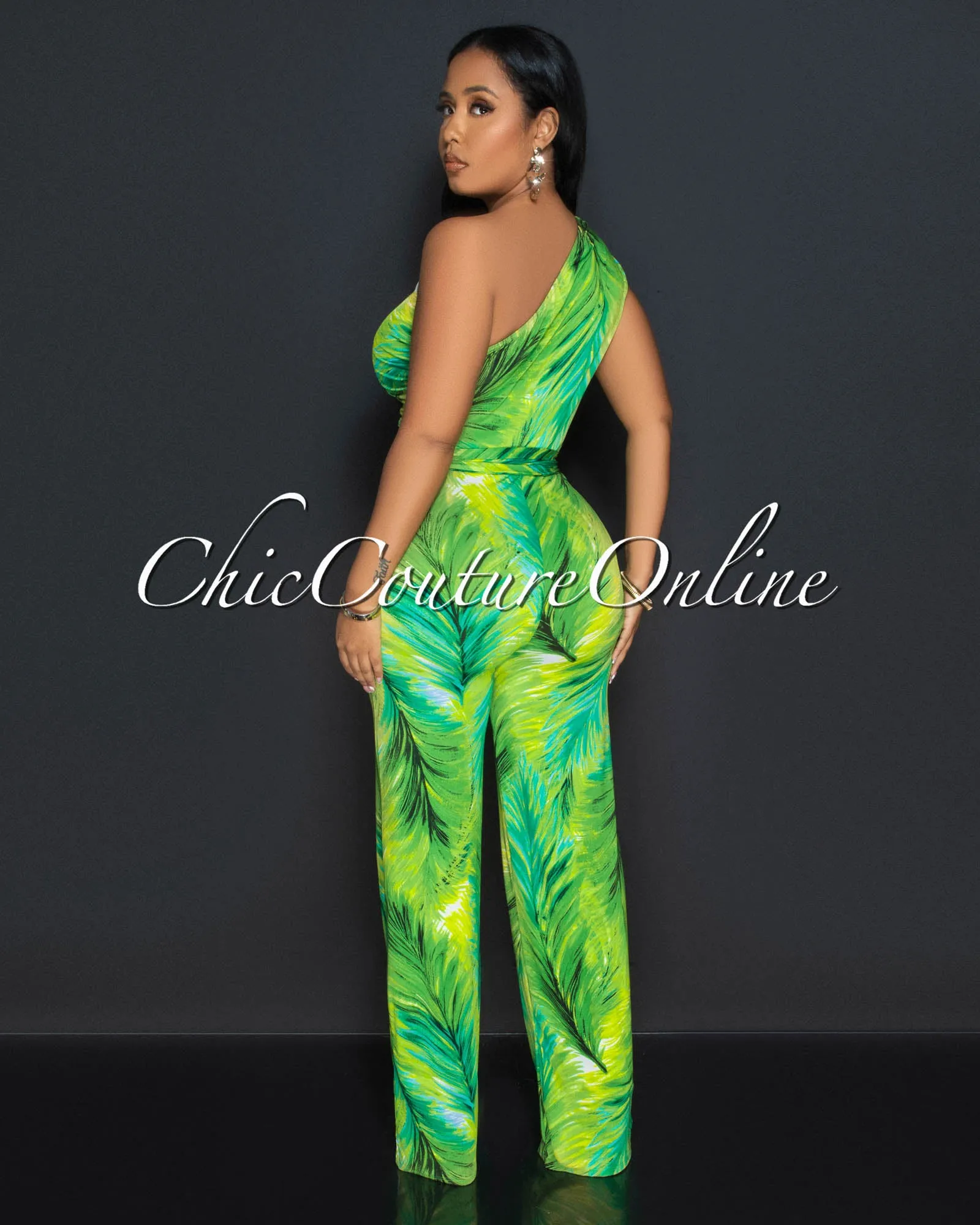 Monique Green Palm Print Single Shoulder Jumpsuit sold by Chic Couture product image thumbnail 3