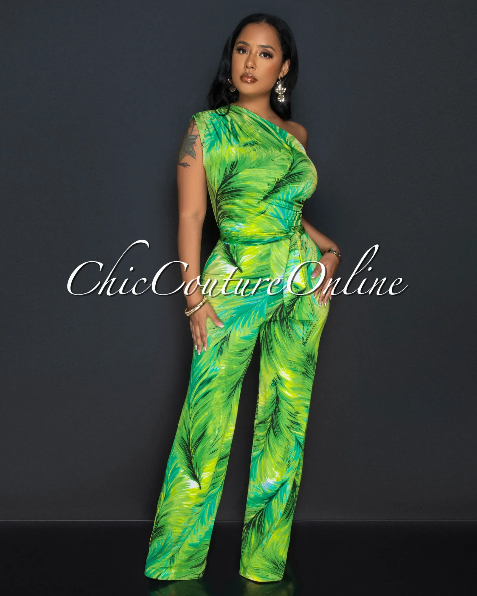 Monique Green Palm Print Single Shoulder Jumpsuit sold by Chic Couture product image thumbnail 2