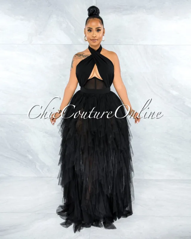 Angelica Black Tulle Halter Ruffle Maxi Dress sold by chic