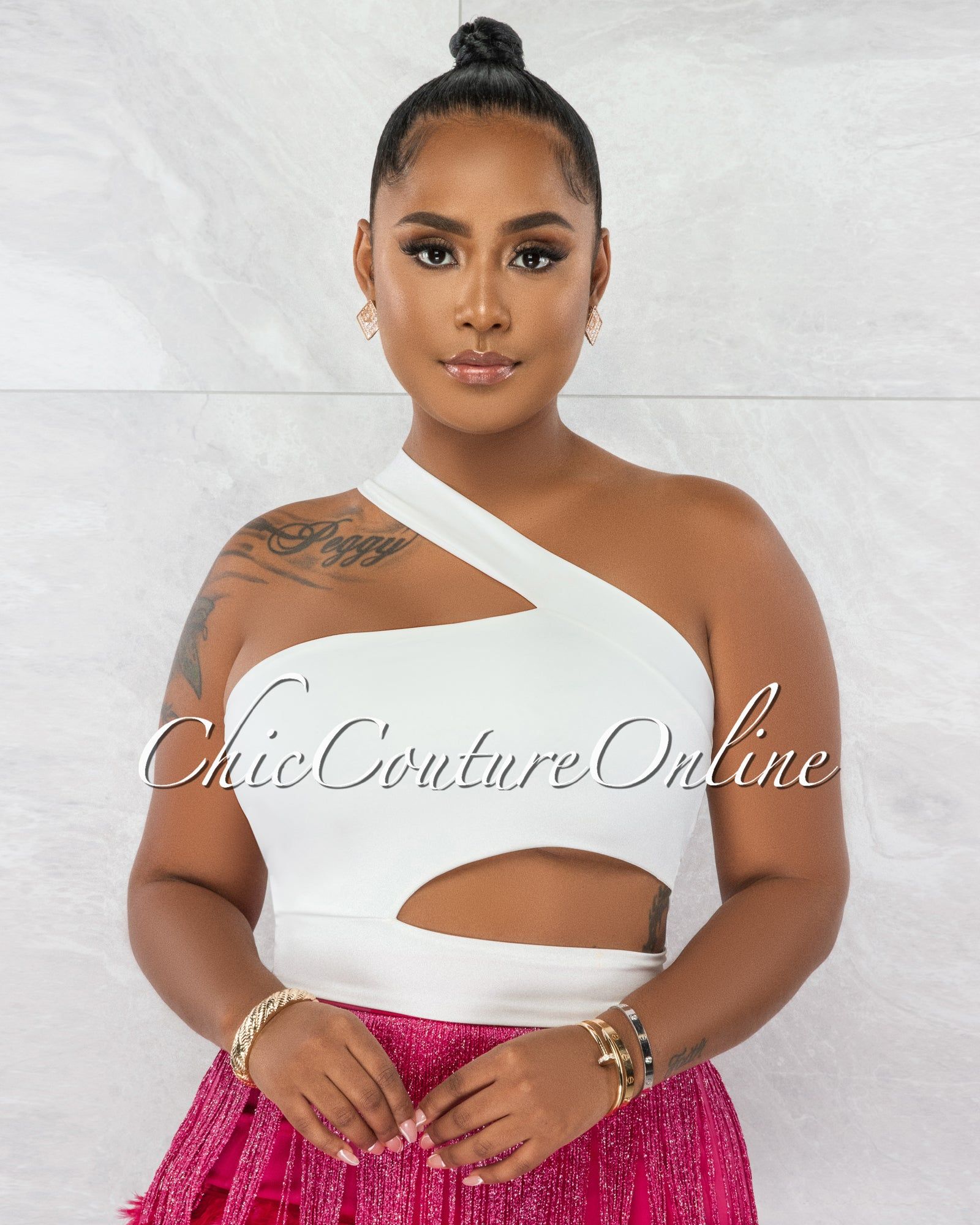 Falha Off-White Single Shoulder Crop Top sold by Chic Couture