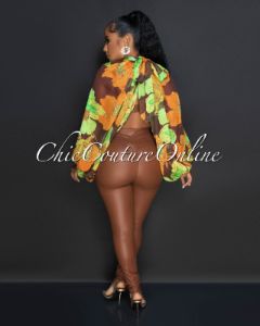 Paulette Orange Green Brown Print Sheer Flowy Top sold by Chic Couture