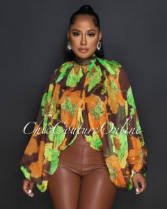 Paulette Orange Green Brown Print Sheer Flowy Top sold by Chic Couture