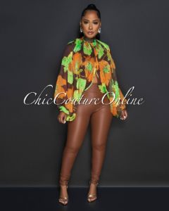 Paulette Orange Green Brown Print Sheer Flowy Top sold by Chic Couture