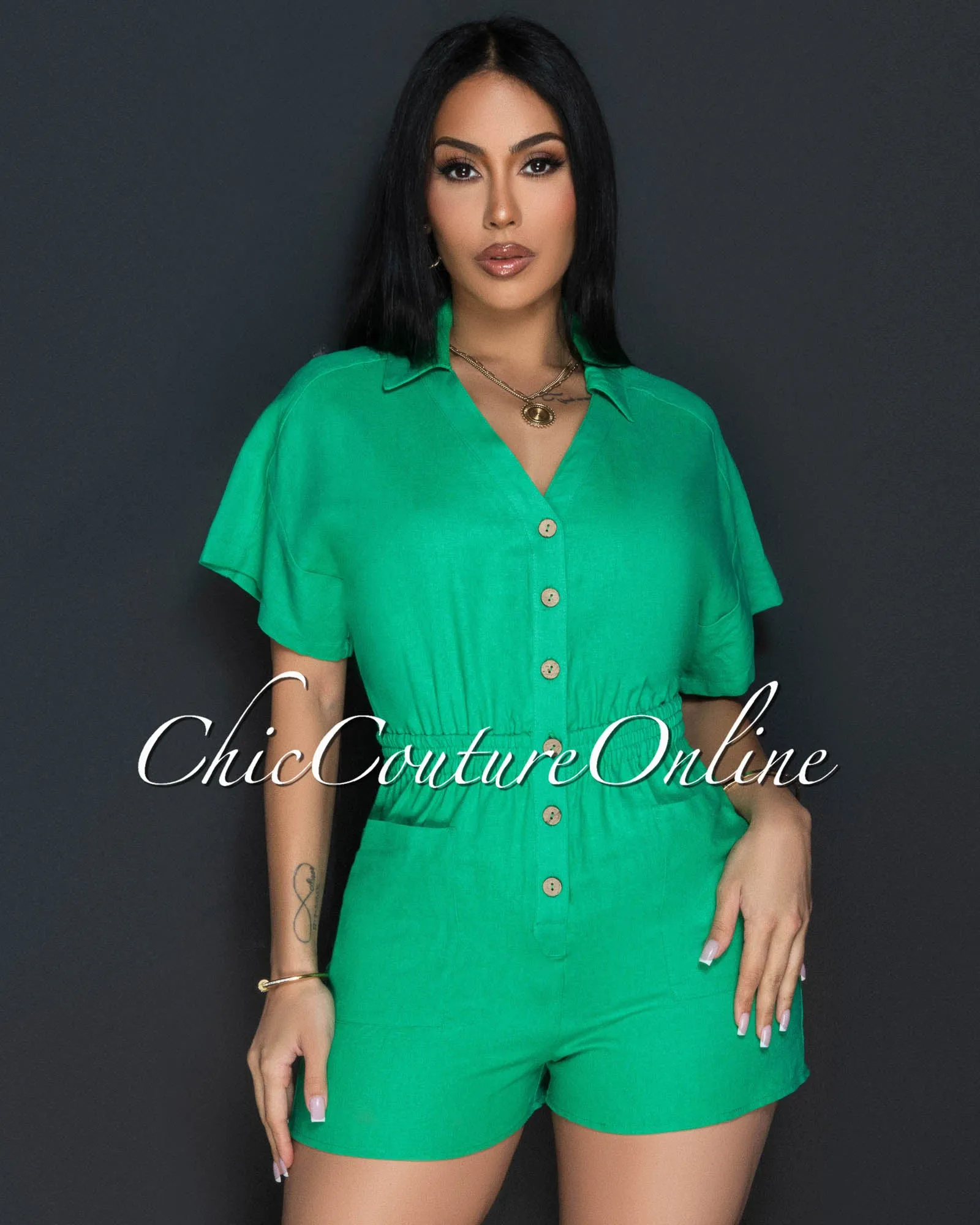 *Cora Kelly Green Front Buttons Linen Utility Romper sold by Chic Couture product image thumbnail 2