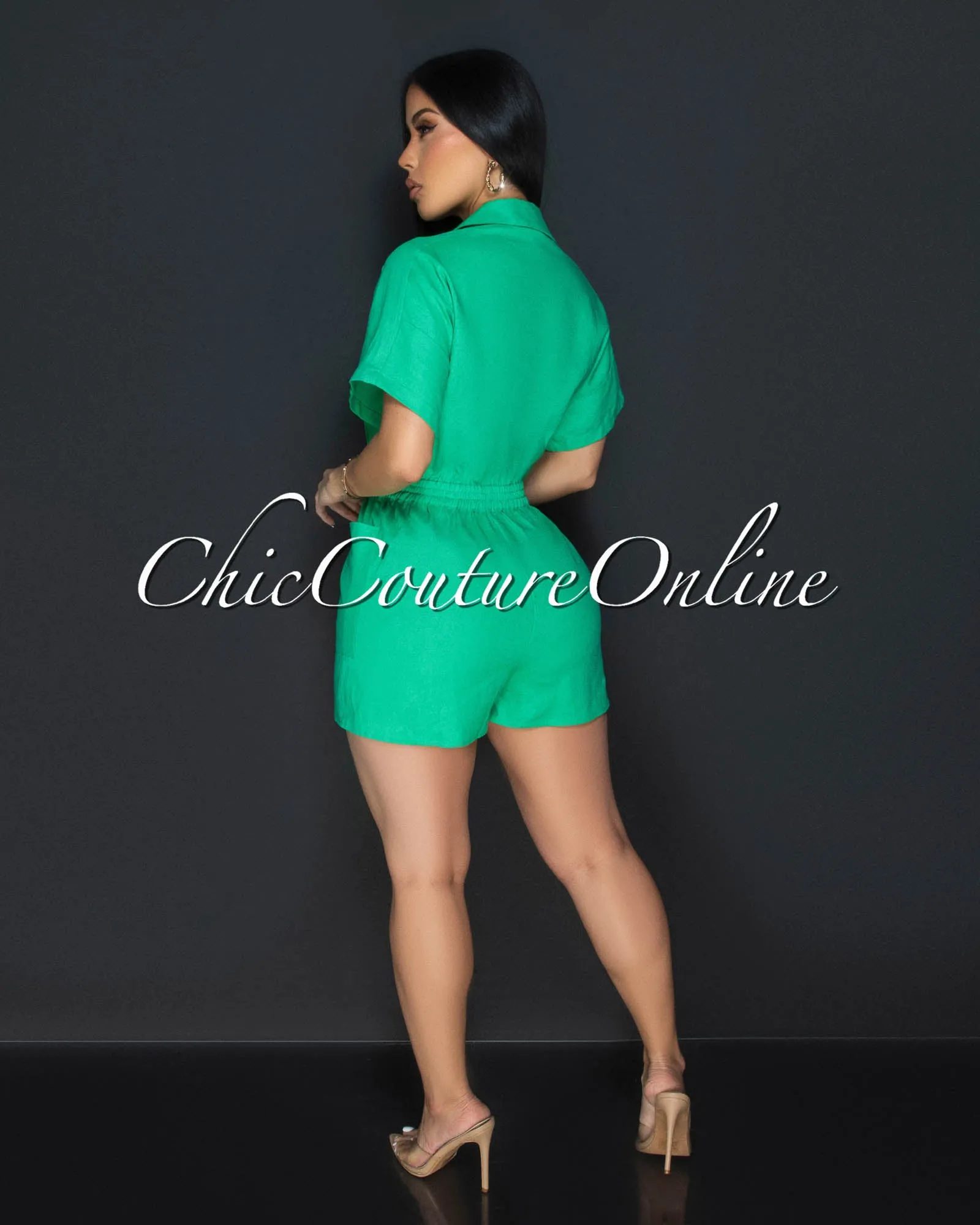 *Cora Kelly Green Front Buttons Linen Utility Romper sold by Chic Couture product image thumbnail 3