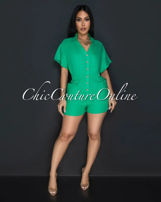 *Cora Kelly Green Front Buttons Linen Utility Romper sold by Chic Couture