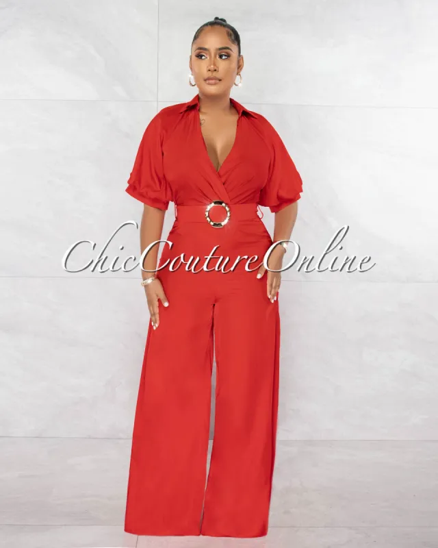 *Garcia Red Bubble Sleeves Gold Buckle Belt Silky Jumpsuit sold by Chic Couture