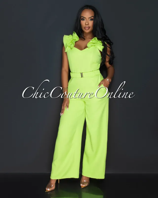 *Adanna Lime Ruffle Sleeves Wide Legs Jumpsuit sold by Chic Couture