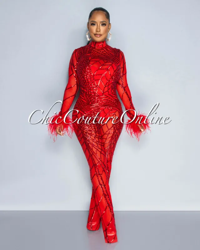 *Sierra Red Sequins Feather Cuffs Mesh Jumpsuit sold by Chic Couture