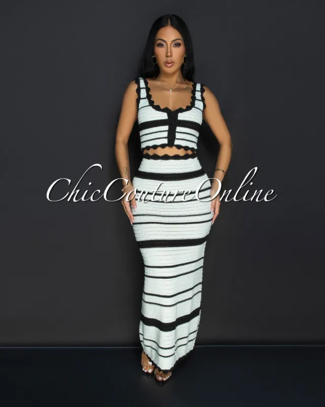 Karifa Off-White Black Crop Top & Maxi Skirt Crochet Set sold by Chic Couture