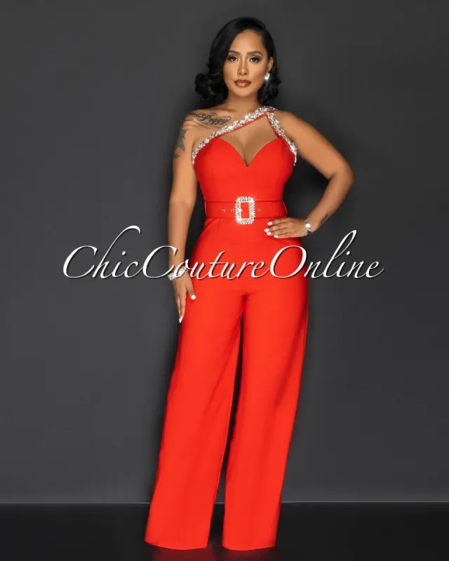 *Montse Red Rhinestones Neckline Silver Buckle Belt Jumpsuit sold by Chic Couture