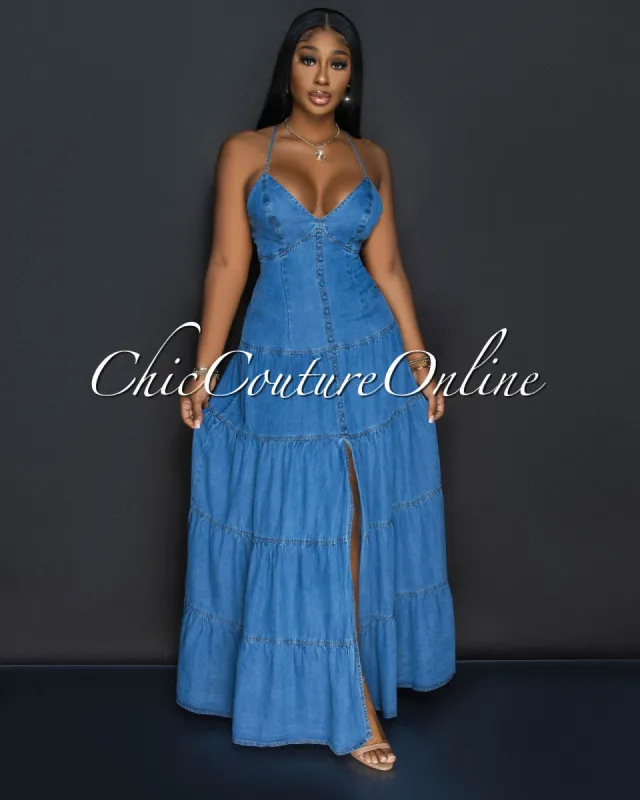 Babasa Dark Denim Ruffle Maxi Dress sold by Chic Couture