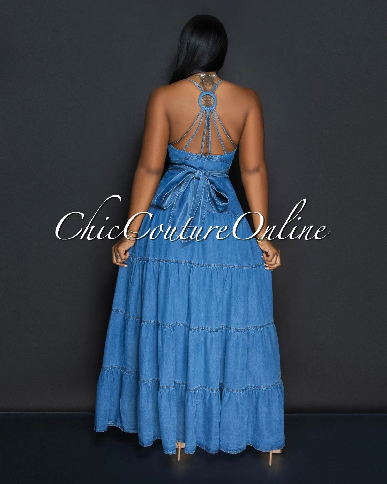 Babasa Dark Denim Ruffle Maxi Dress sold by Chic Couture product image thumbnail 3