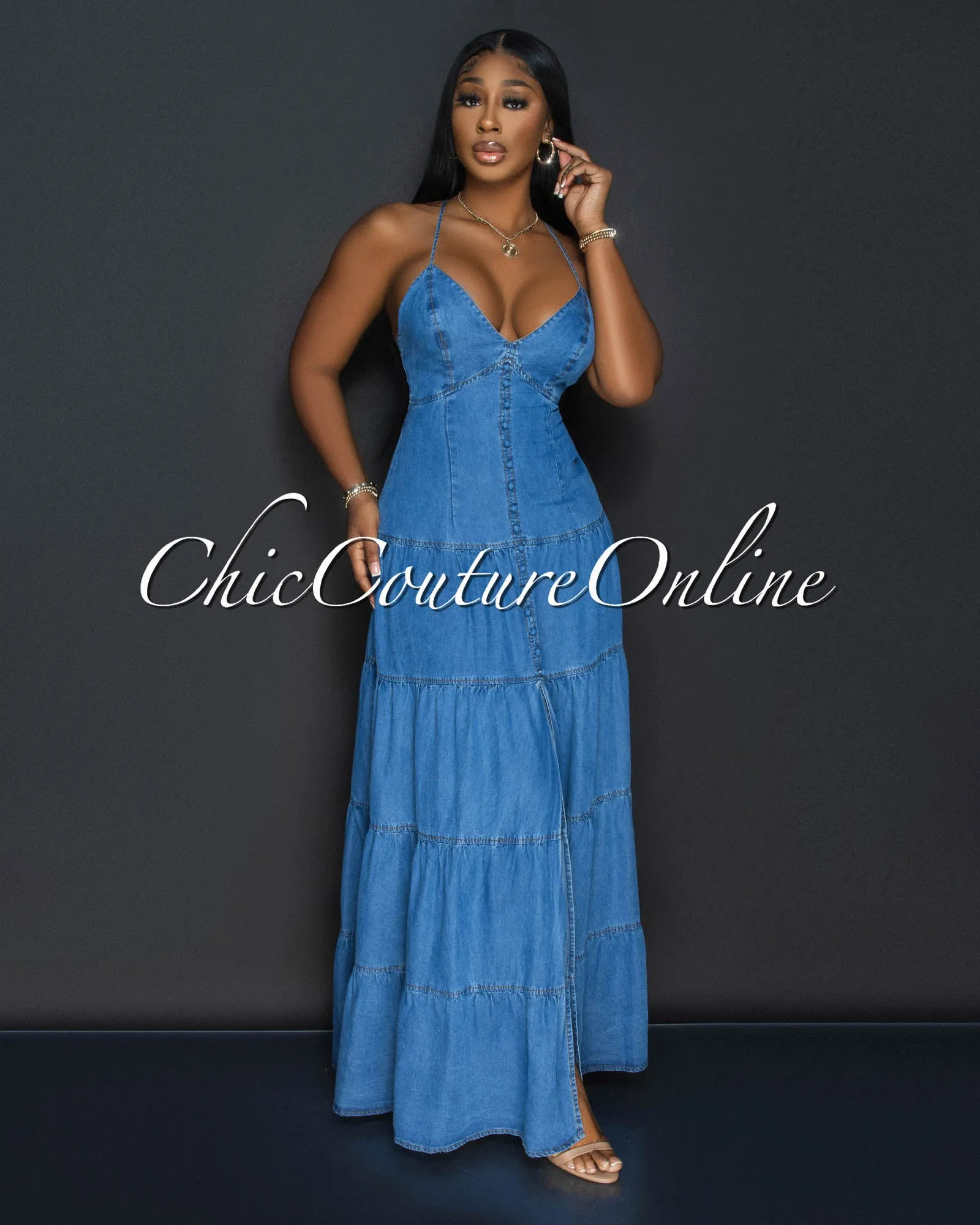 Babasa Dark Denim Ruffle Maxi Dress sold by Chic Couture product image thumbnail 2