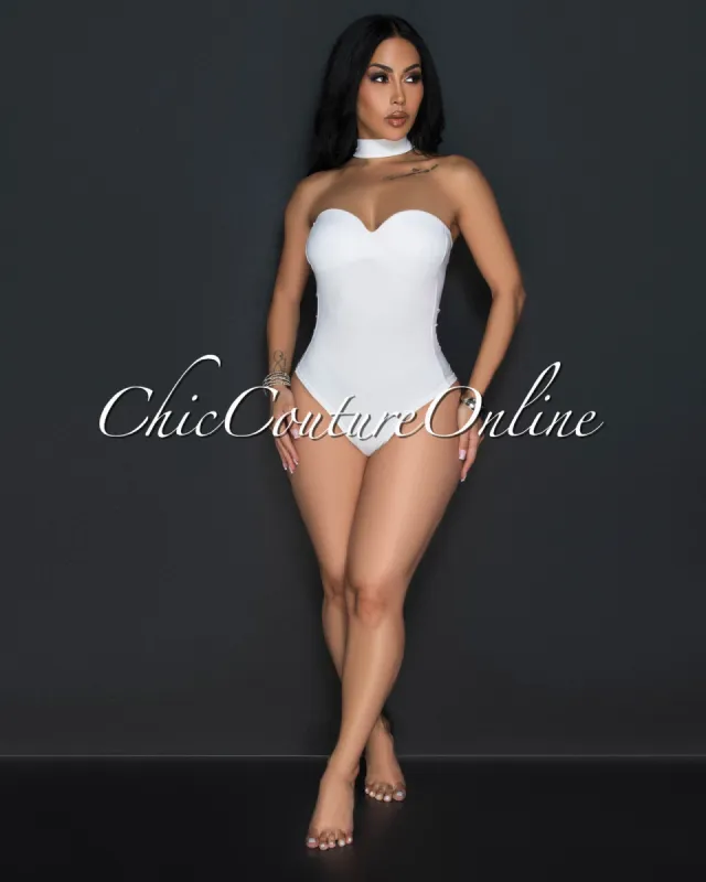 Lolana White Mock Neckline Bustier Bodysuit sold by Chic Couture