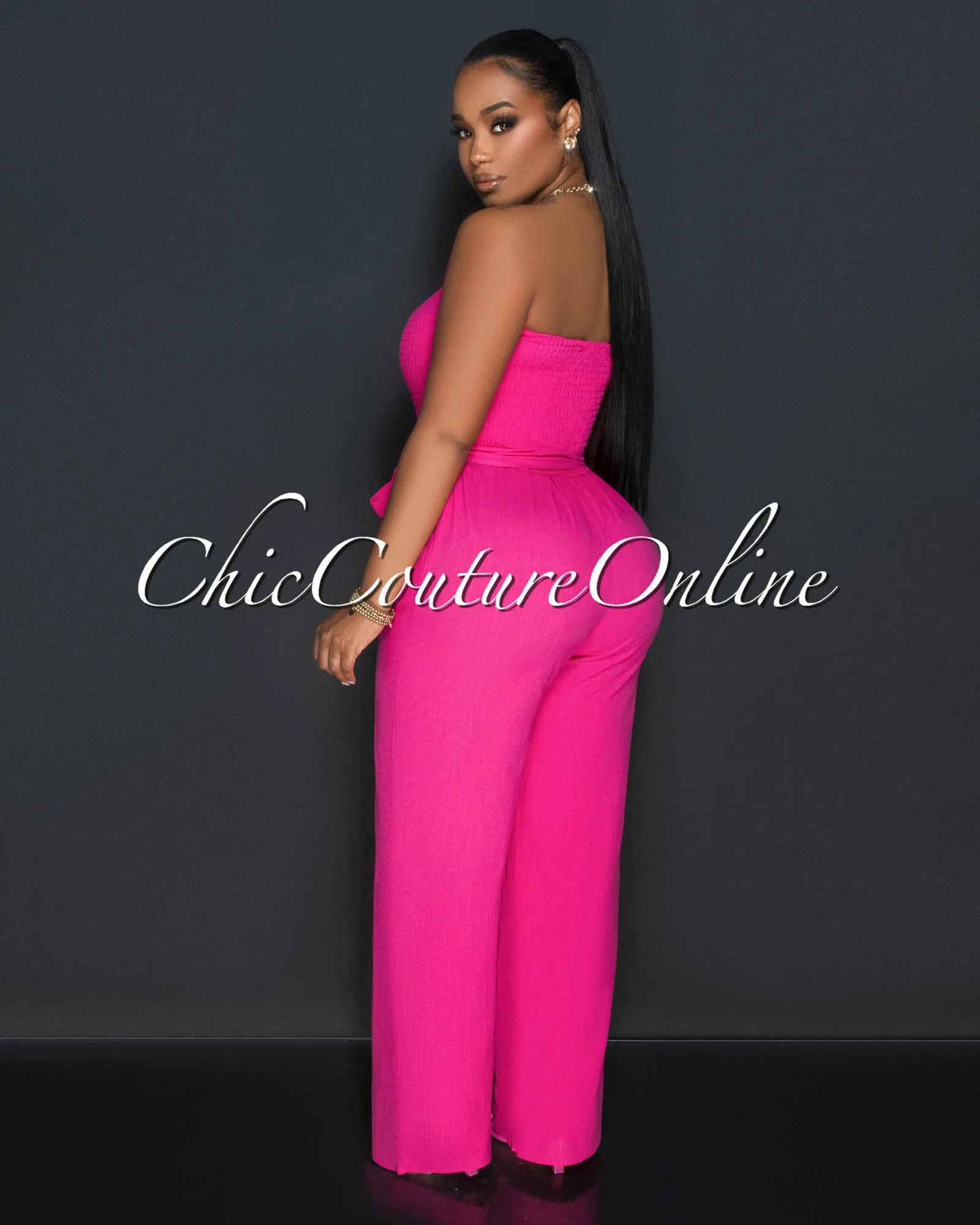 Hurley Fuchsia Smoked Top Wide Legs Linen Jumpsuit sold by Chic Couture product image thumbnail 3