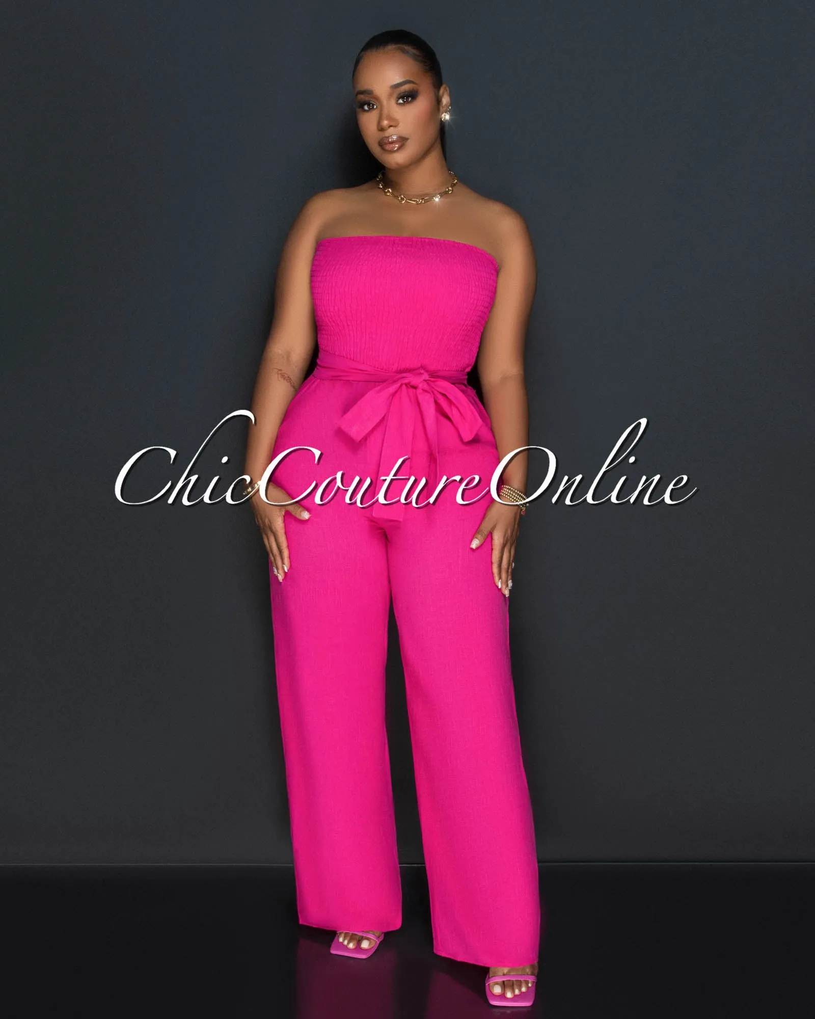 Hurley Fuchsia Smoked Top Wide Legs Linen Jumpsuit sold by Chic Couture product image thumbnail 2