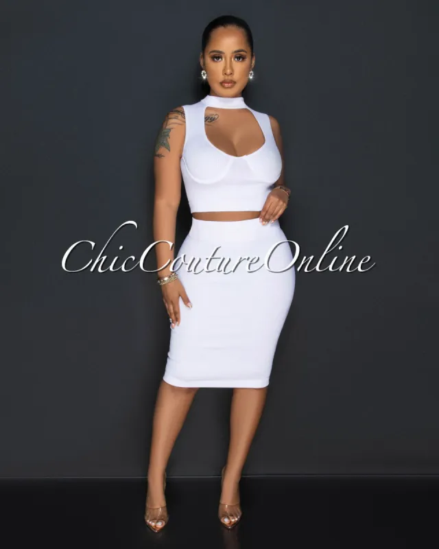 Odera White Bust Cut-Out Crop Top & SCULPTING Skirt Set sold by Chic Couture
