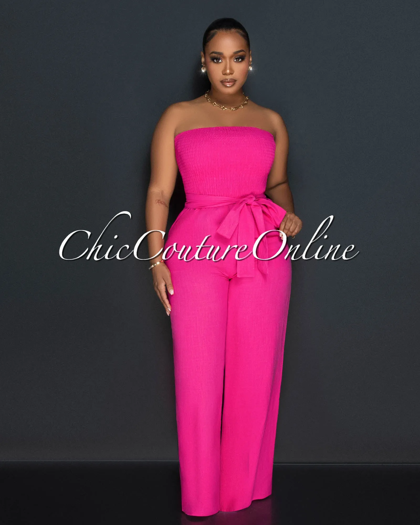 Hurley Fuchsia Smoked Top Wide Legs Linen Jumpsuit sold by Chic Couture