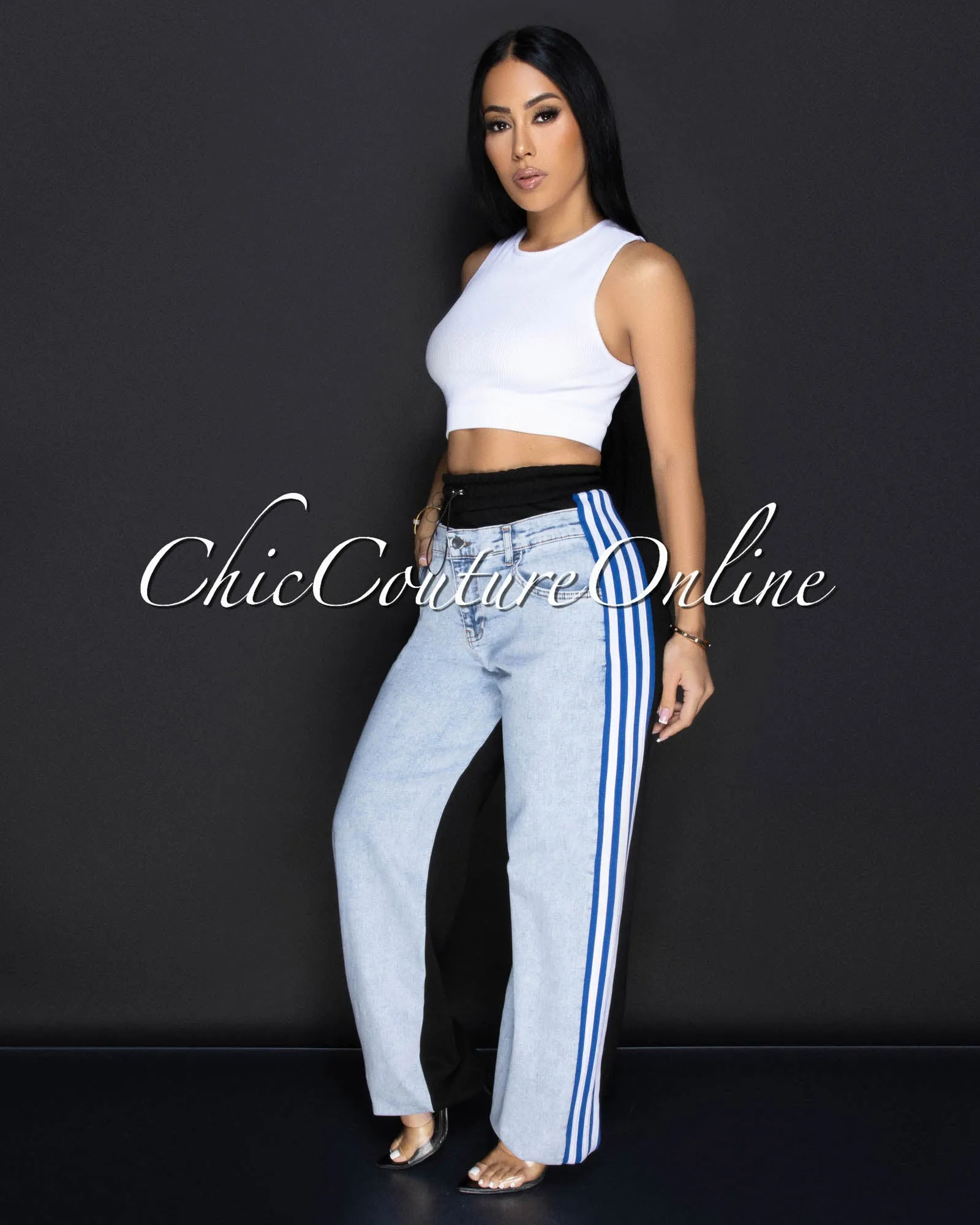 Pearson Medium Denim Blue Stripes Joggers Jeans sold by Chic Couture
