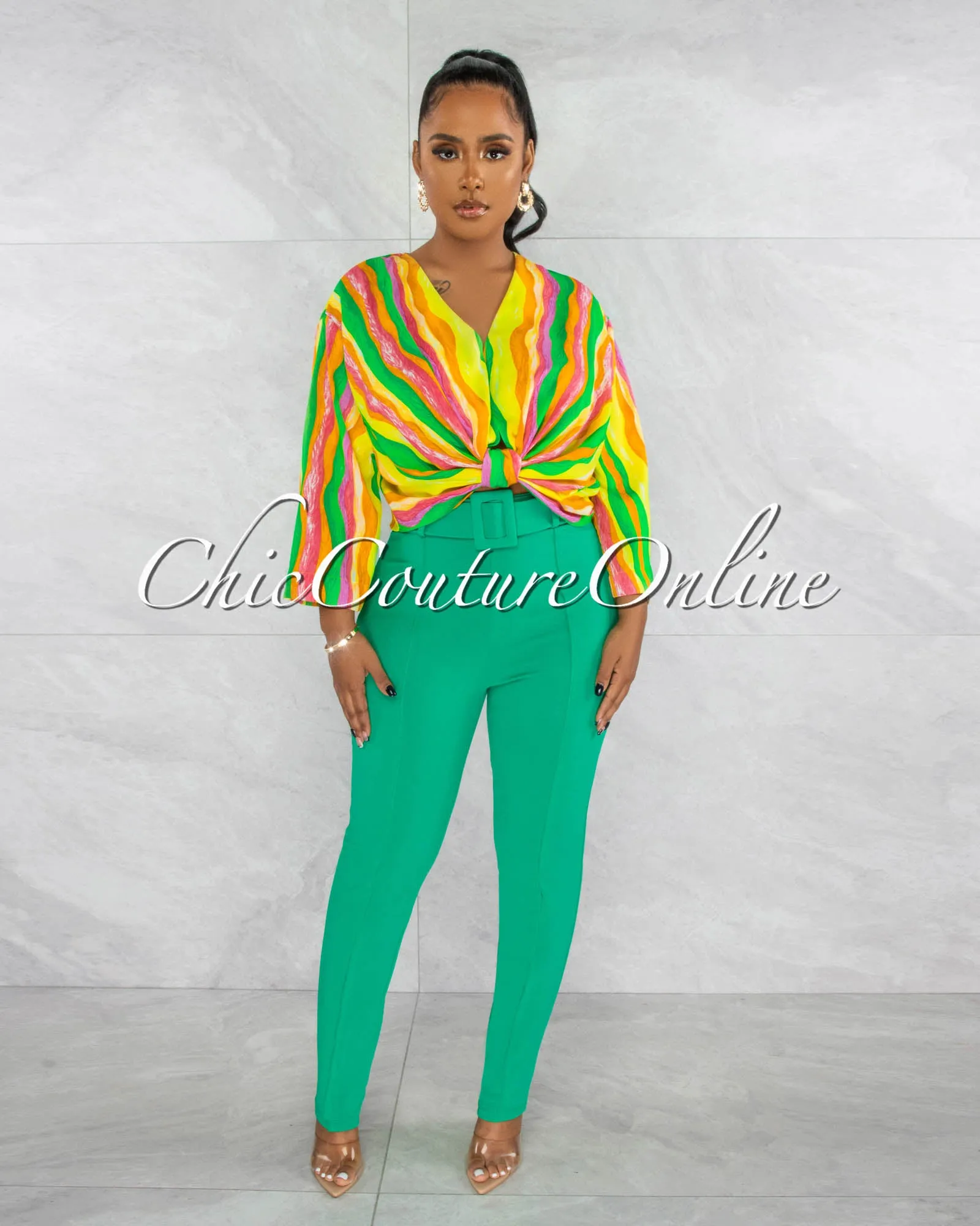 *Danna Green High-Waist Belt Pants sold by Chic Couture