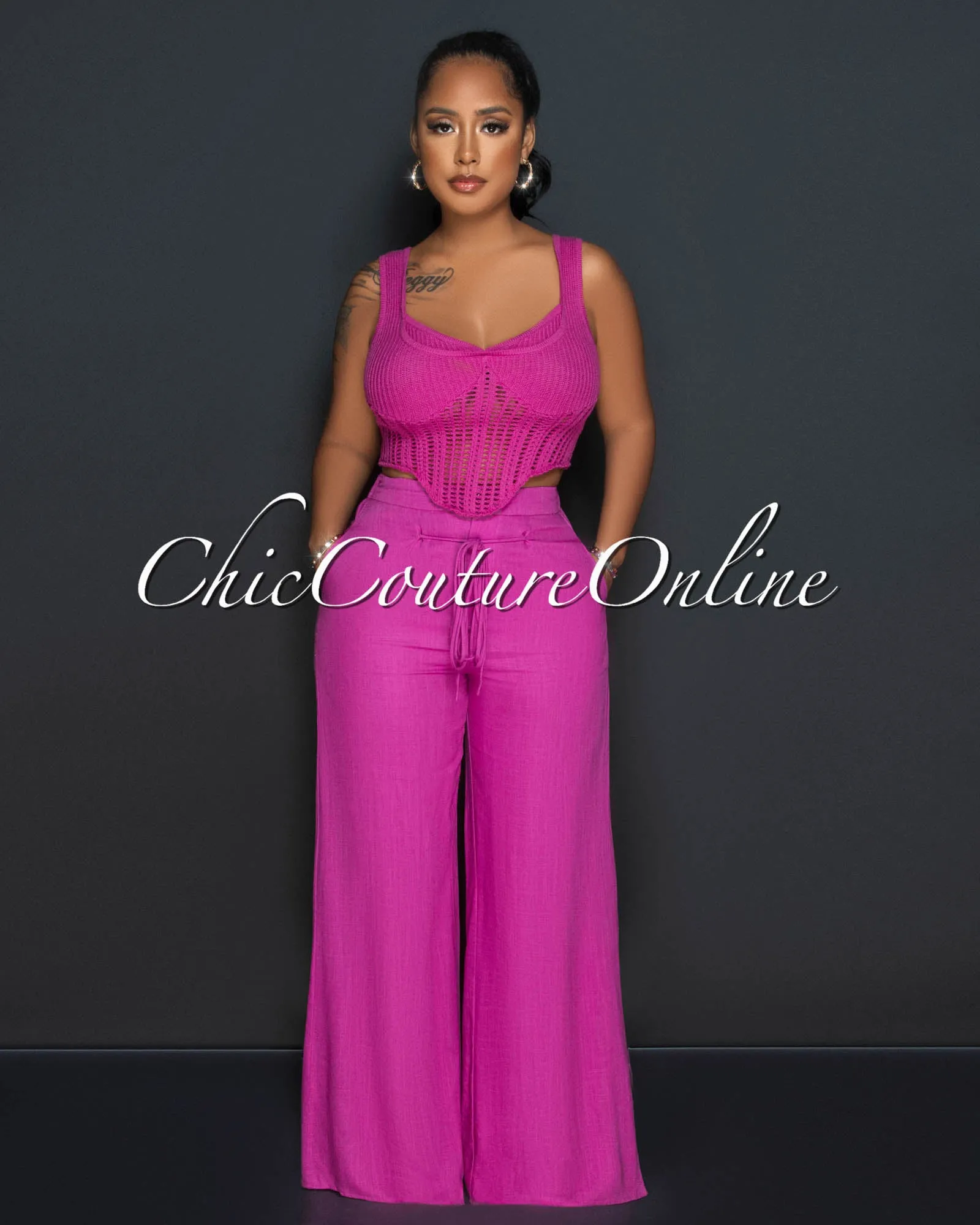 Lupita Magenta Crochet Crop Top & Wide Pants Set sold by Chic Couture product image thumbnail 2