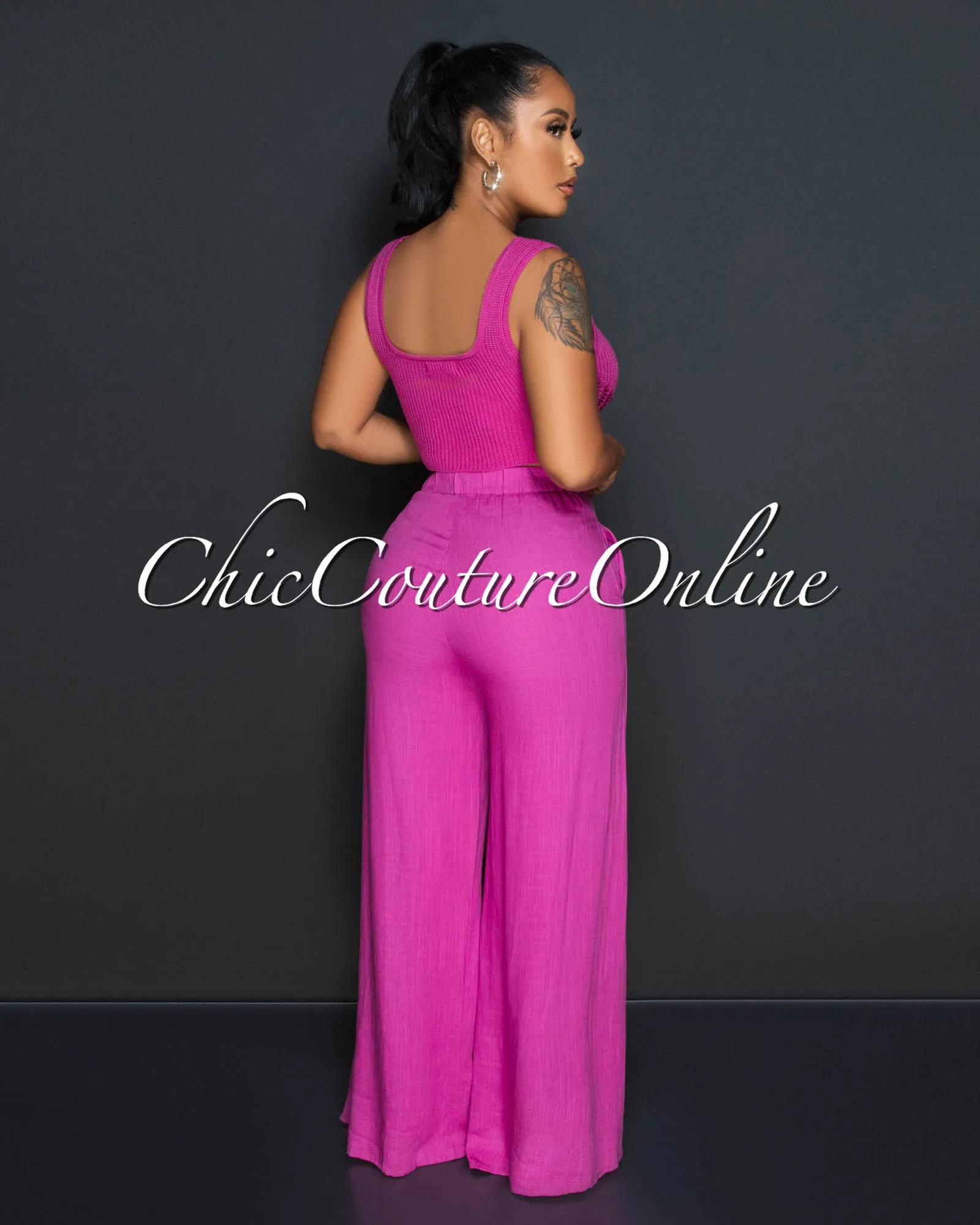 Lupita Magenta Crochet Crop Top & Wide Pants Set sold by Chic Couture product image thumbnail 3