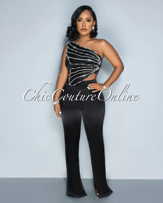 Mayfield Black Rhinestones Crop Top & Bell Legs Pants Set sold by Chic Couture