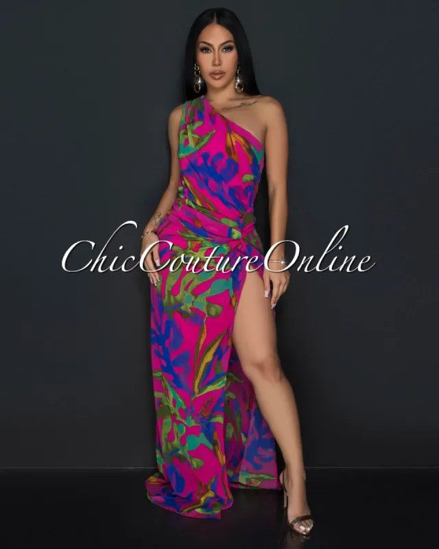 Kimia Green Fuchsia Single Shoulder Twist Maxi Dress sold by Chic Couture