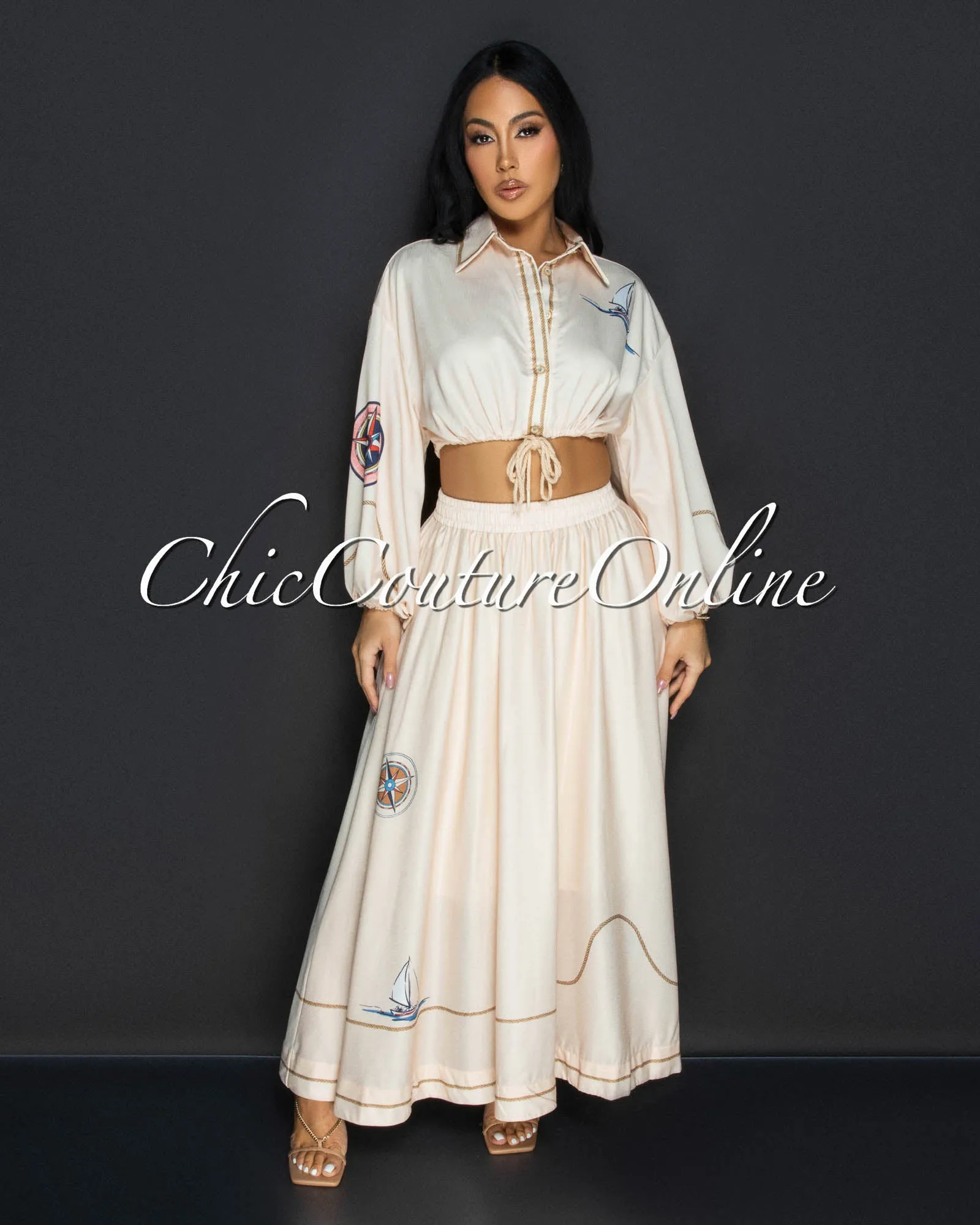 Donala Light Peach Sailor Crop Top & Skirt Set sold by Chic Couture