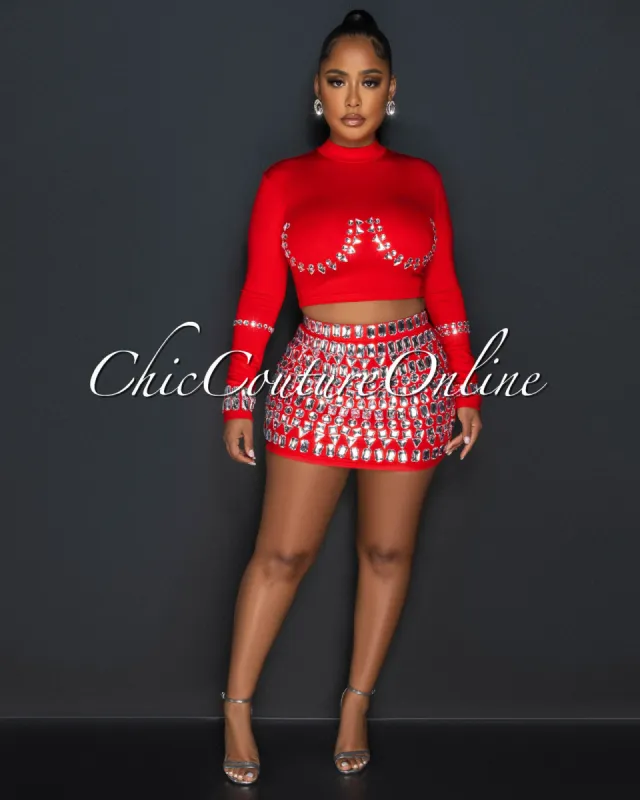 Birka Red Rhinestones Crop Top & Mini Skirt Set sold by Chic Couture