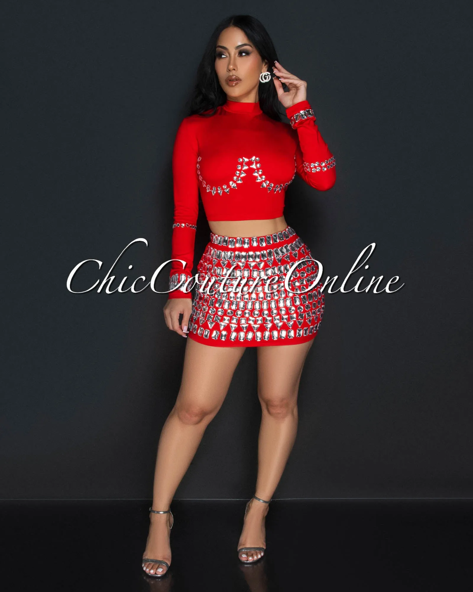 *Birka Red Rhinestones Crop Top & Mini Skirt Set sold by Chic Couture product image thumbnail 4