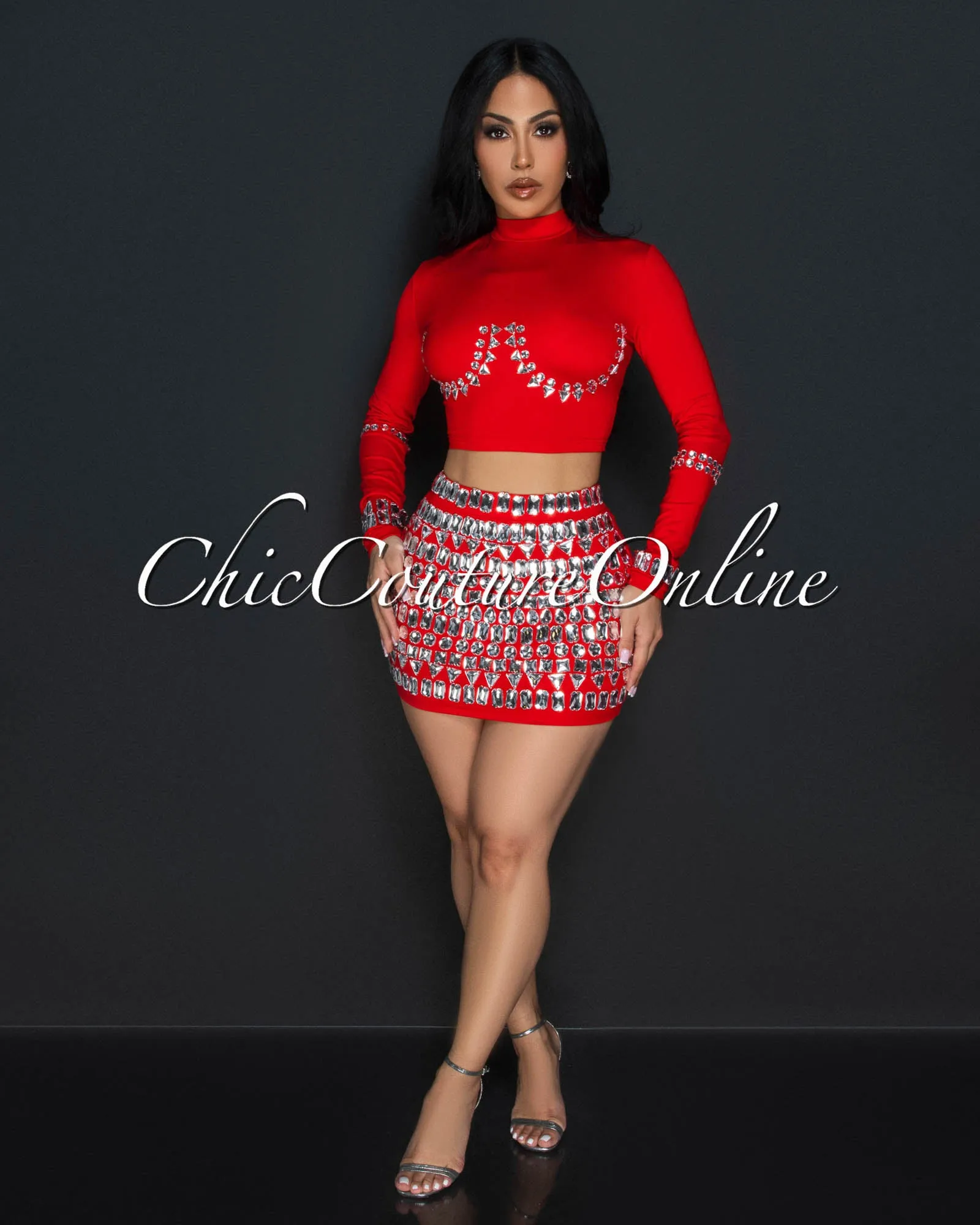 *Birka Red Rhinestones Crop Top & Mini Skirt Set sold by Chic Couture product image thumbnail 5
