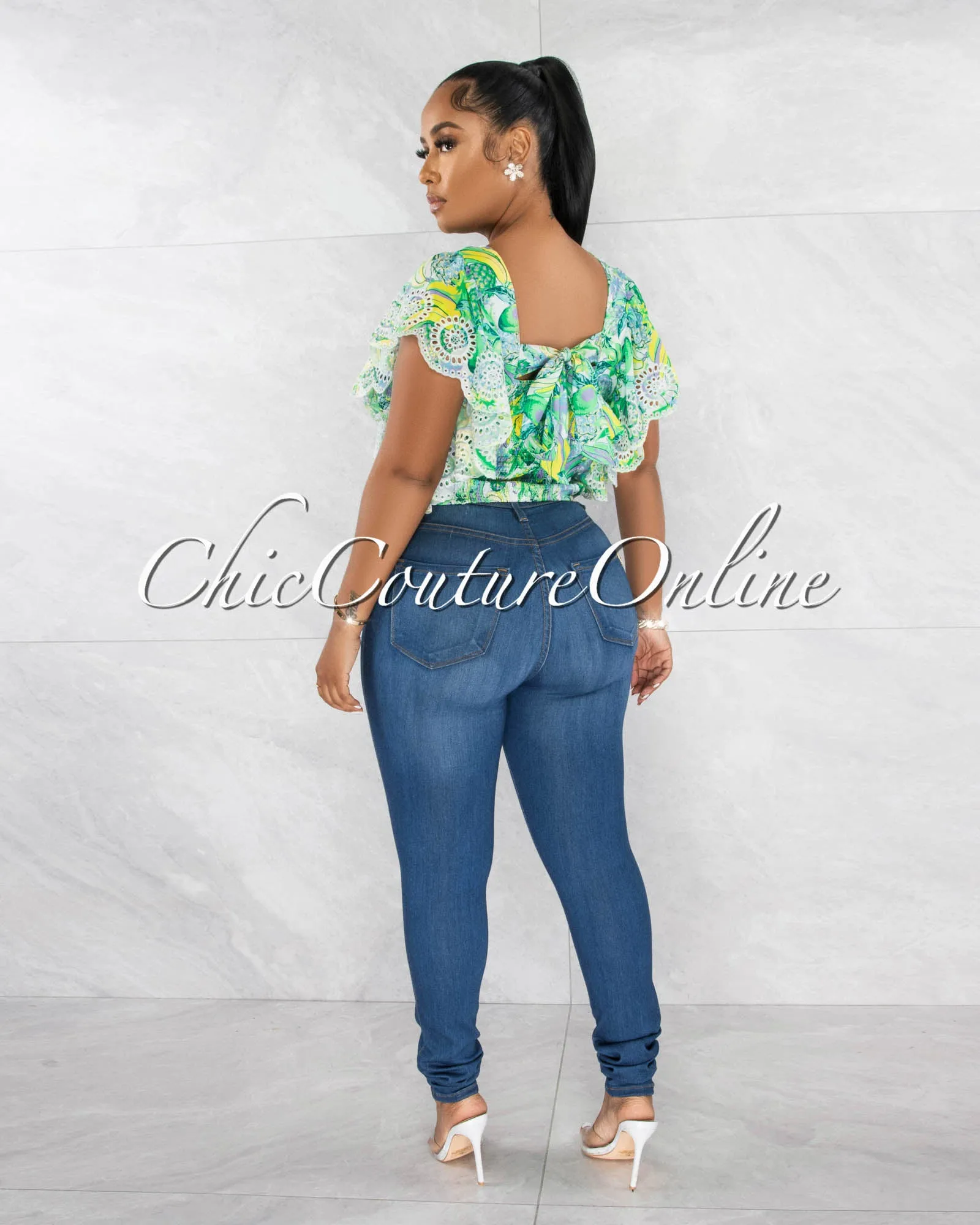 *Sevilla Green Tropical Print Ruffle Eyelet Crop Top sold by Chic Couture product image thumbnail 3
