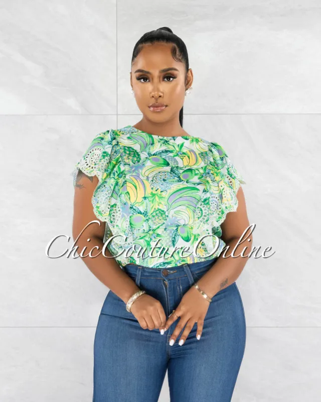 *Sevilla Green Tropical Print Ruffle Eyelet Crop Top made by Chic Couture