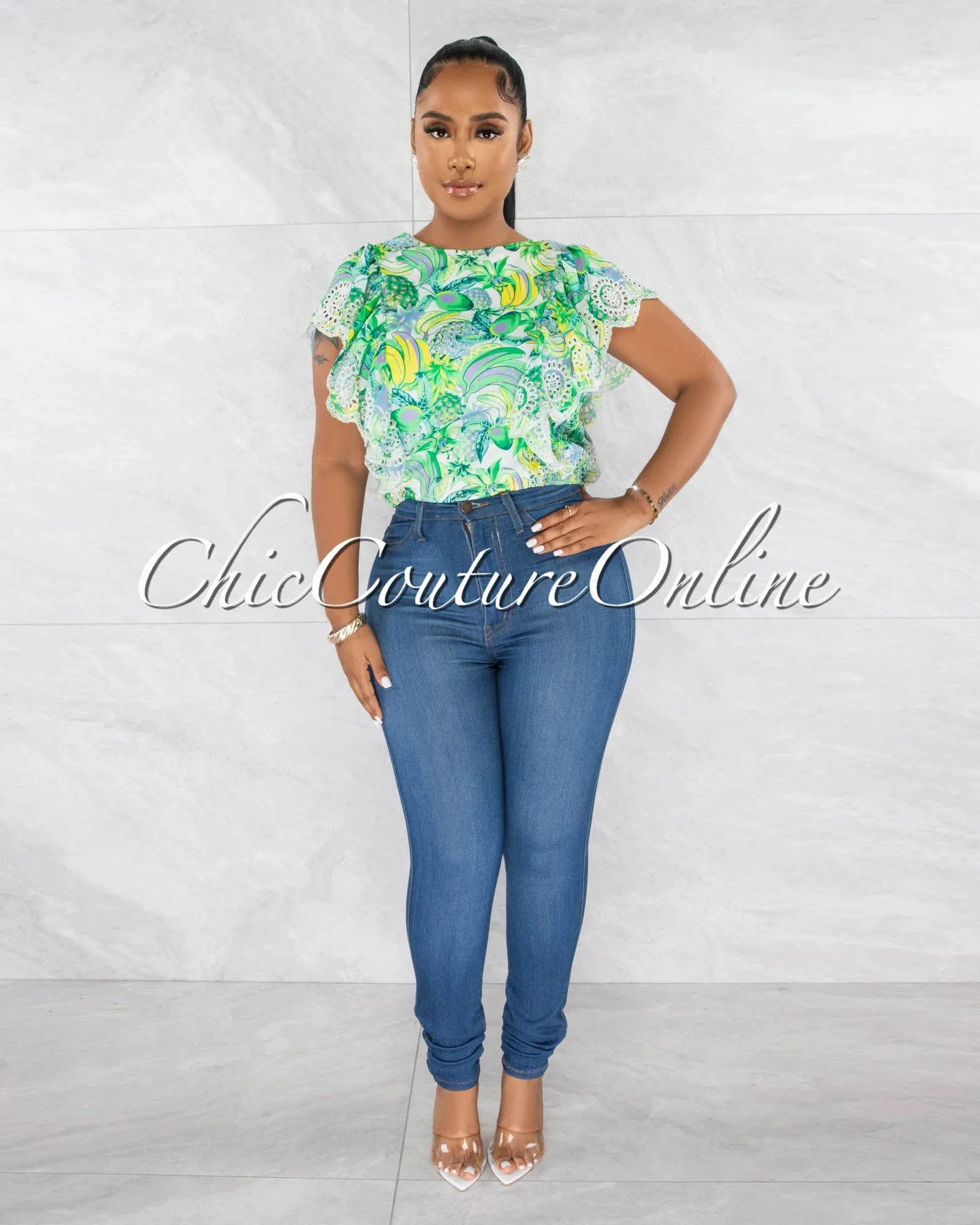 *Sevilla Green Tropical Print Ruffle Eyelet Crop Top sold by Chic Couture product image thumbnail 2