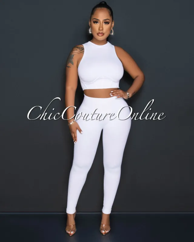 Tracy Off-White Ribbed Crop Top & Leggings Sculpting Set sold by Chic Couture