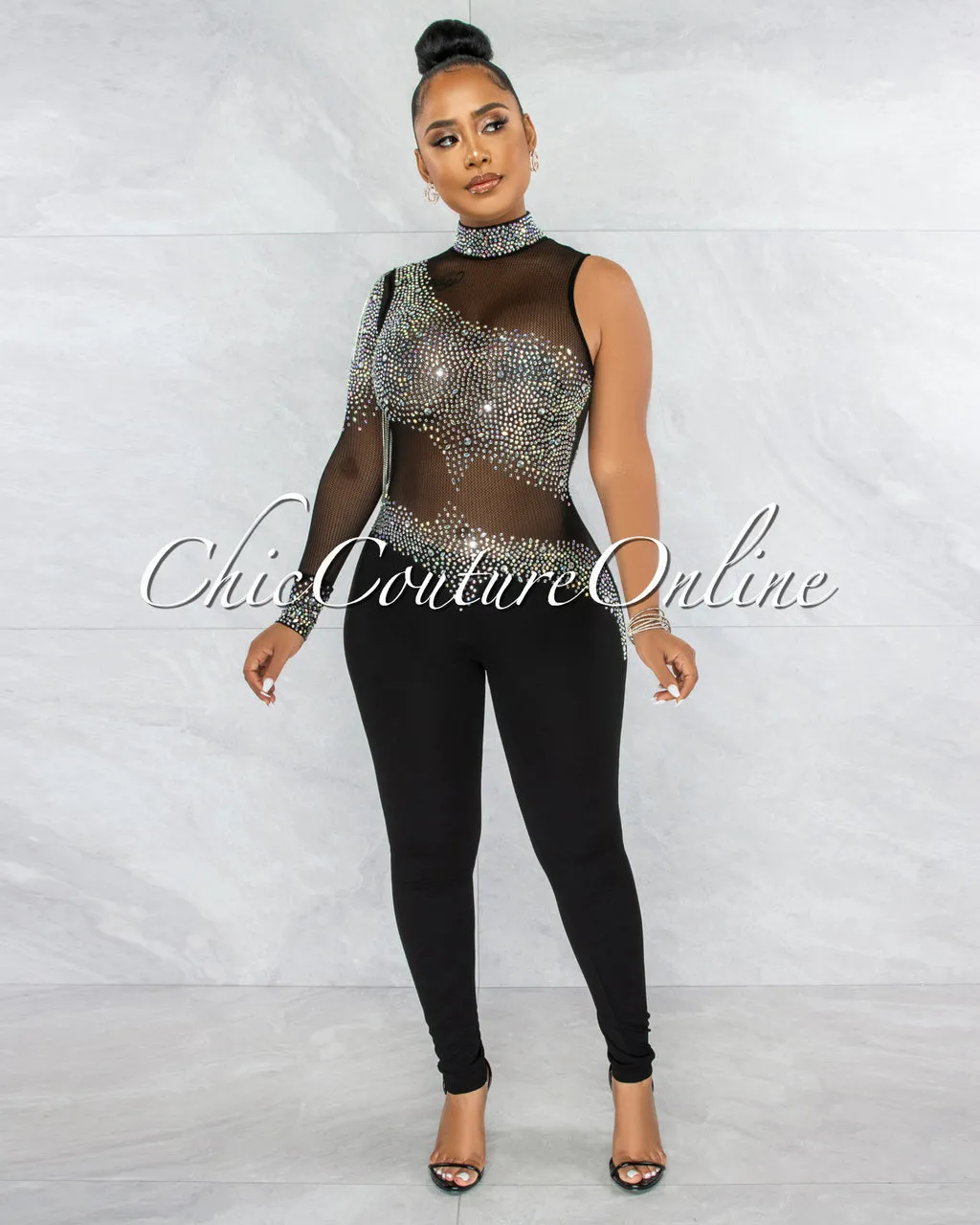 *Zulia Black Mesh Rhinestones Single Sleeve Jumpsuit sold by Chic Couture product image thumbnail 5