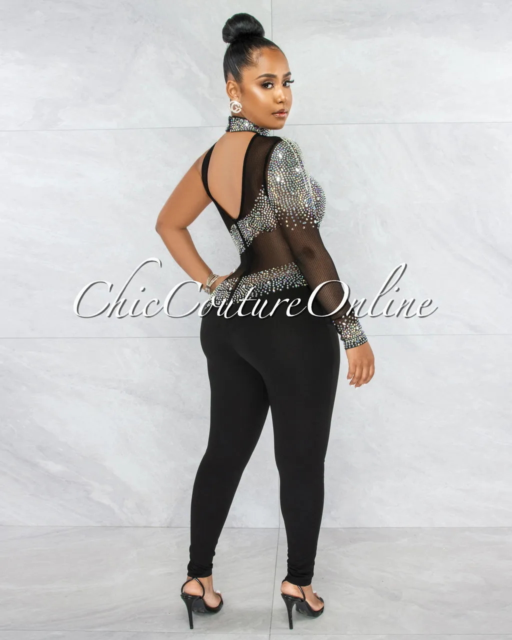*Zulia Black Mesh Rhinestones Single Sleeve Jumpsuit sold by Chic Couture product image thumbnail 3