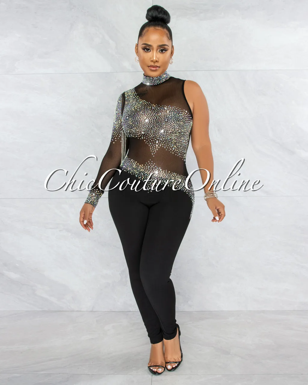 *Zulia Black Mesh Rhinestones Single Sleeve Jumpsuit sold by Chic Couture product image thumbnail 4