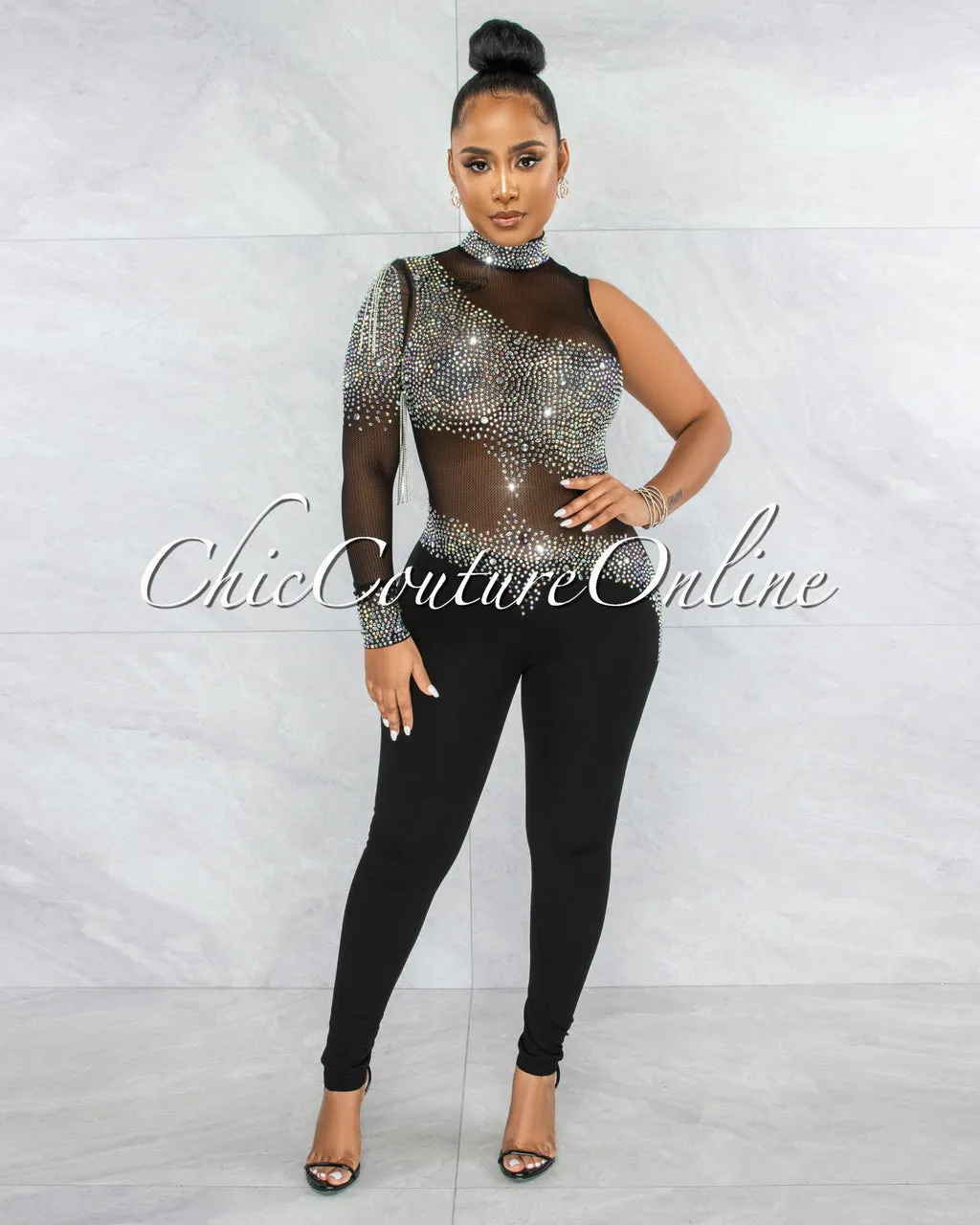 *Zulia Black Mesh Rhinestones Single Sleeve Jumpsuit sold by Chic Couture