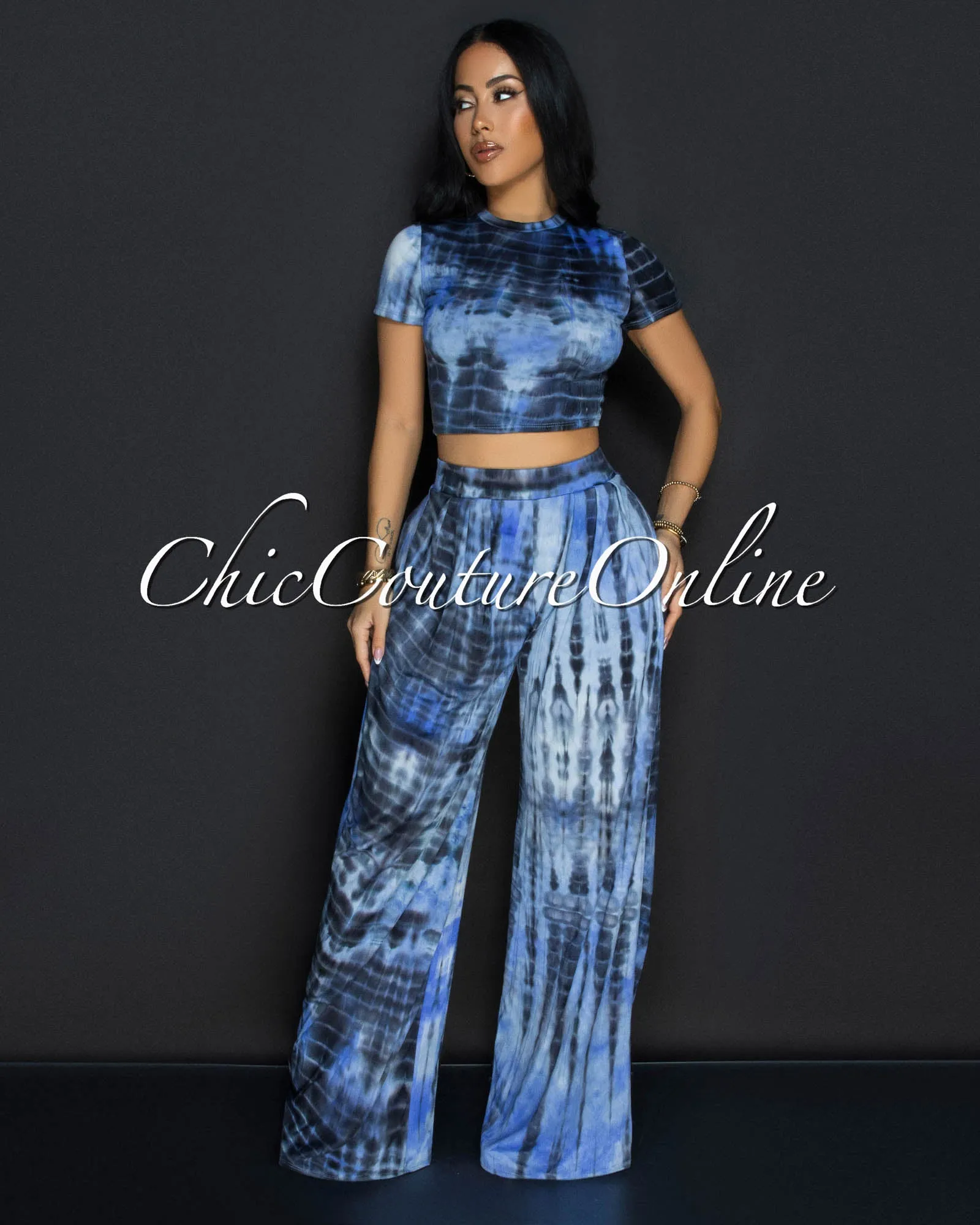 Rossy Blue Tie-Dye Crop Top & Wide Leg Pants Set sold by Chic Couture