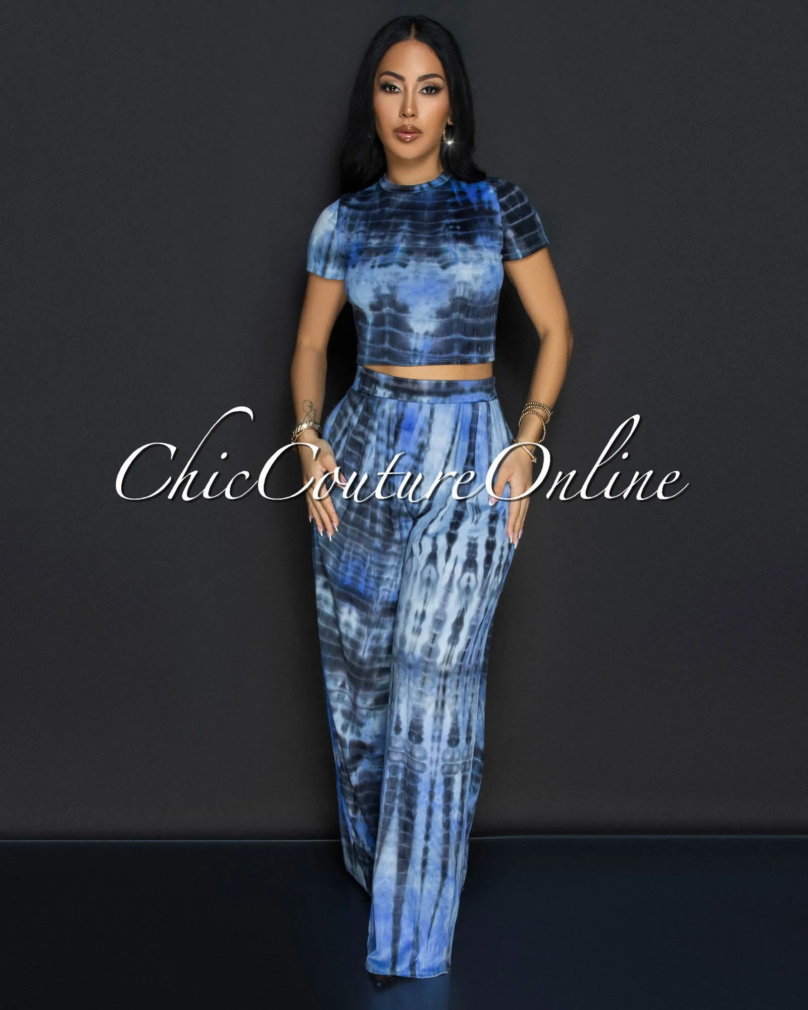 Rossy Blue Tie-Dye Crop Top & Wide Leg Pants Set sold by Chic Couture product image thumbnail 2