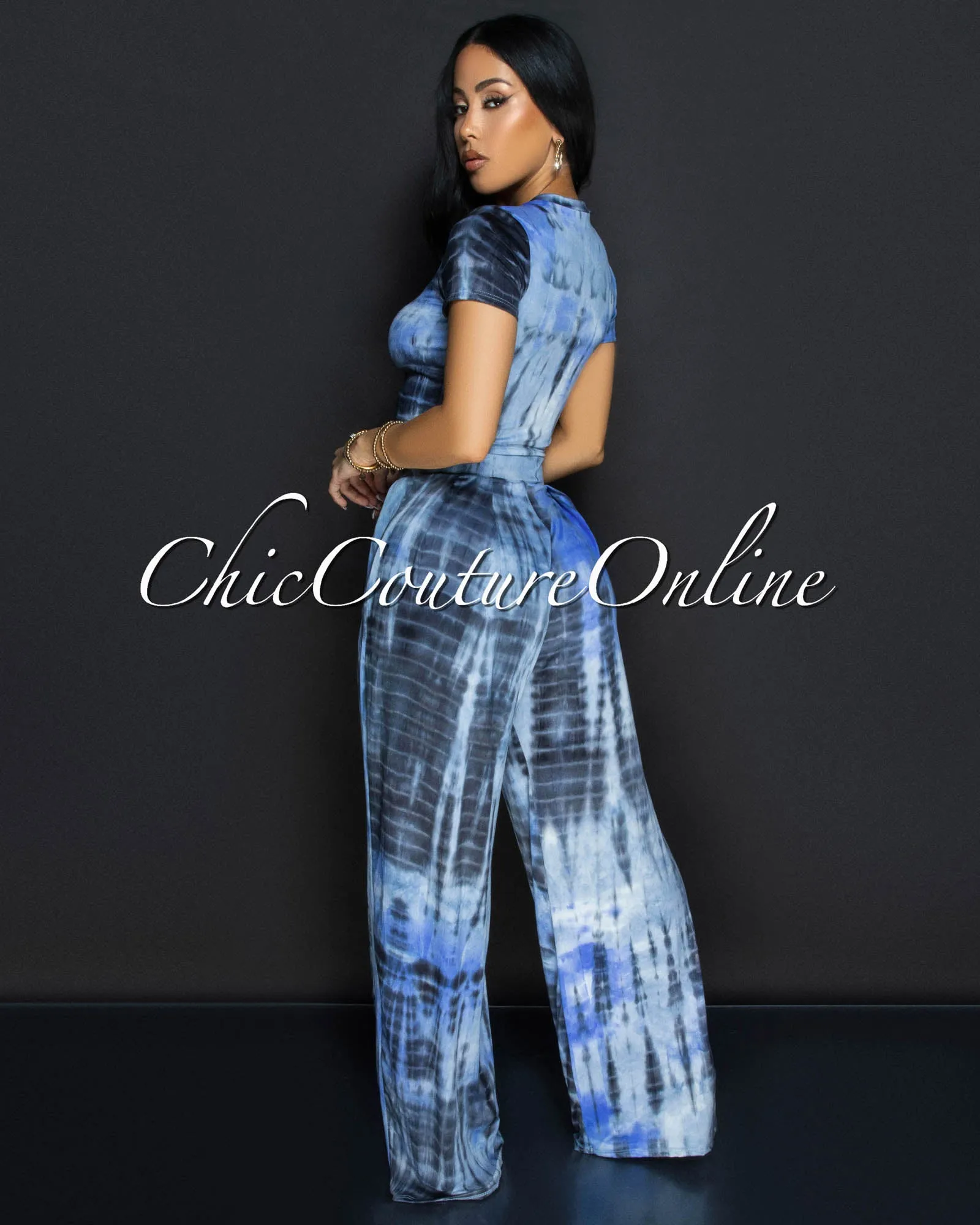 Rossy Blue Tie-Dye Crop Top & Wide Leg Pants Set sold by Chic Couture product image thumbnail 3