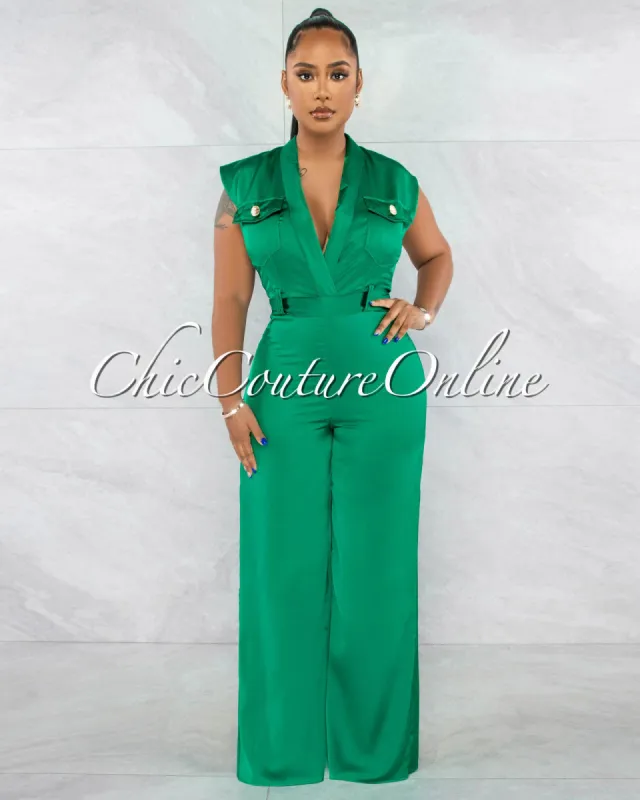 *Lenna Green Self-Tie Belt Silky Jumpsuit sold by Chic Couture