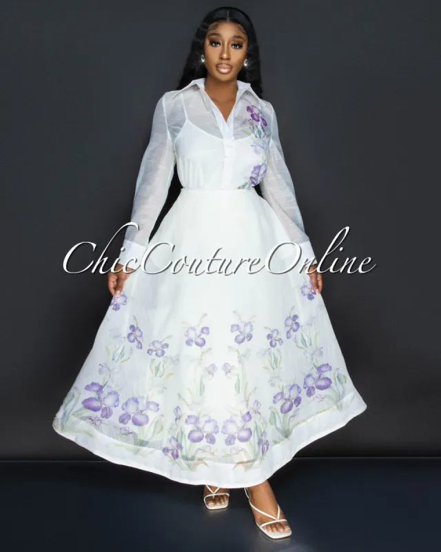Filipa Beige Purple Floral Blouse & Maxi Skirt Set sold by Chic Couture