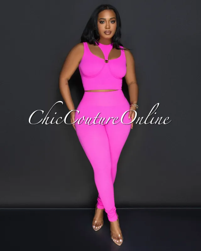 Alera Fuchsia Cut Out Crop Top & Leggings Ribbed Sculpting Set sold by Chic Couture