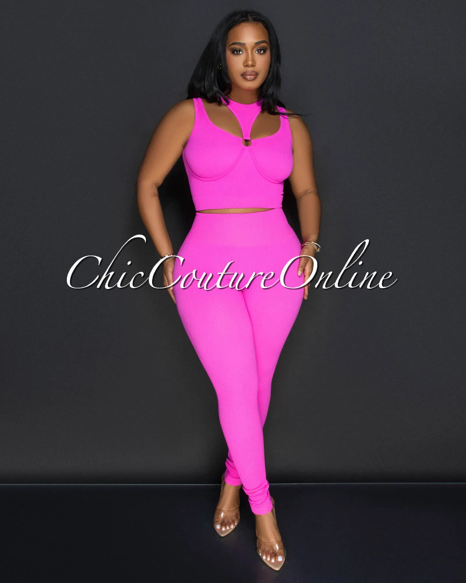 Alera Fuchsia Cut Out Crop Top & Leggings Ribbed Sculpting Set sold by Chic Couture